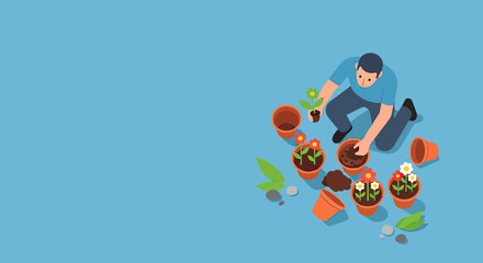 Naklejka premium Man Planting Colorful Flowers in Terracotta Pots, Gardening Hobby and Lifestyle Isometric Vector Illustration