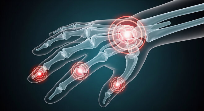 Anatomical illustration of a human hand showing the skeletal structure with highlighted areas of inflammation and pain, indicative of arthritis or joint disease.