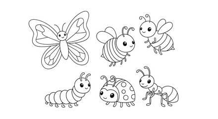 Fototapeta premium Cute Cartoon Insects Coloring Page Set for Kids featuring Butterfly, Bee, Ladybug, Caterpillar and Ant Line Art Illustration