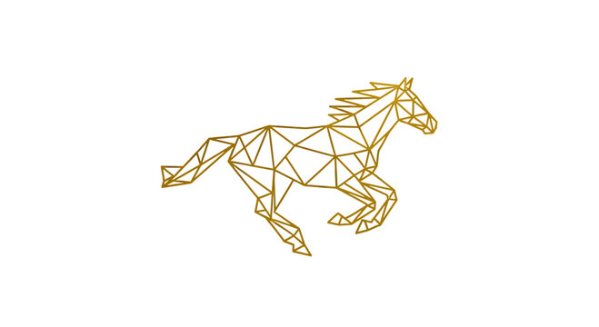 Golden Geometric Horse Galloping Logo Design, Low Poly Stallion Vector Illustration Isolated on White Background