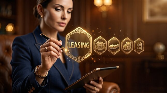 A professional woman interacts with leasing icons on a digital display in an elegant office setting.
