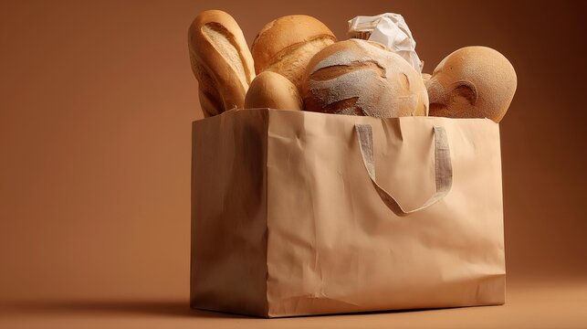 Freshly baked breads in a paper bag against a warm, neutral background. Perfect for food-related projects.