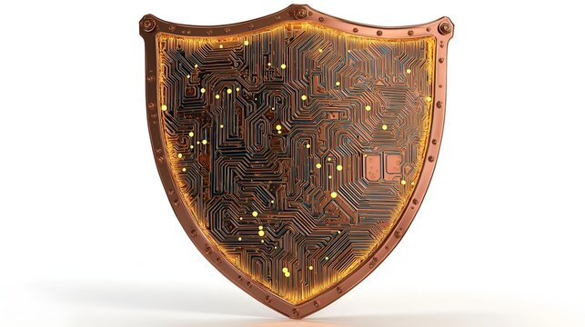 Futuristic shield design featuring integrated circuits, symbolizing digital security and protection in modern technology.