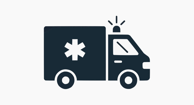 Ambulance emergency vehicle icon, medical transport van with siren and star of life symbol, black flat vector illustration for healthcare apps