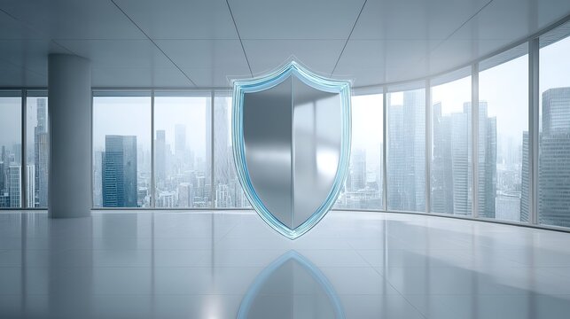 Modern office interior featuring a digital shield representing security and protection in a corporate environment.