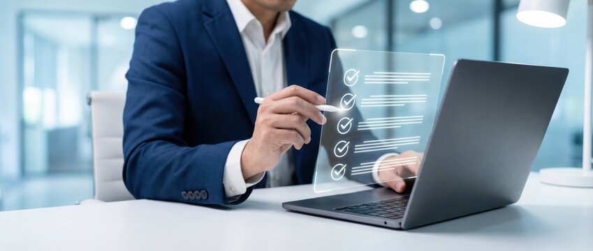 Business meeting action with digital checklist modern office environment professional setting focused perspective on productivity and organization