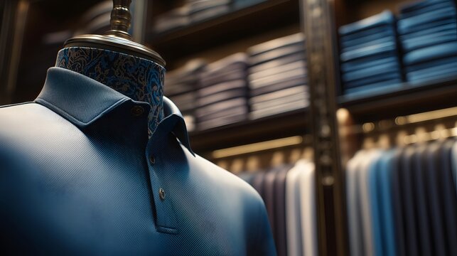 Stylish blue polo shirt displayed on a mannequin, set against a backdrop of neatly folded shirts in various shades.