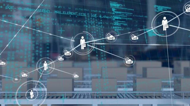 Network of digital icons and data processing against delivery boxes in conveyer belt