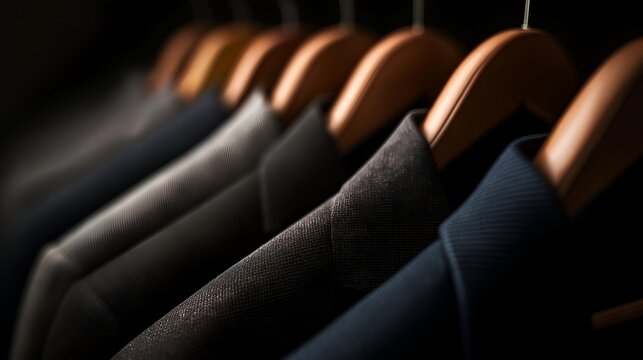 Stylish suits hanging on wooden hangers, showcasing modern fashion trends in organized elegance and sophistication.