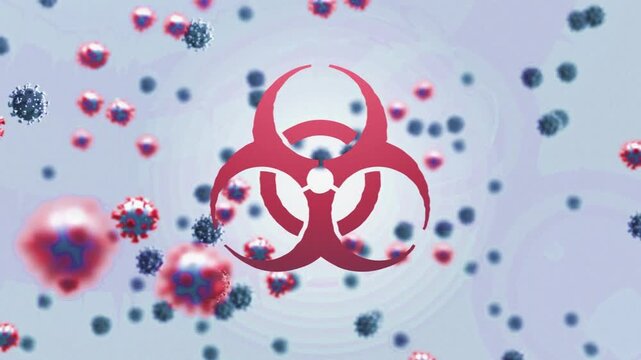 Animation of falling covid-19 cells over warning sign