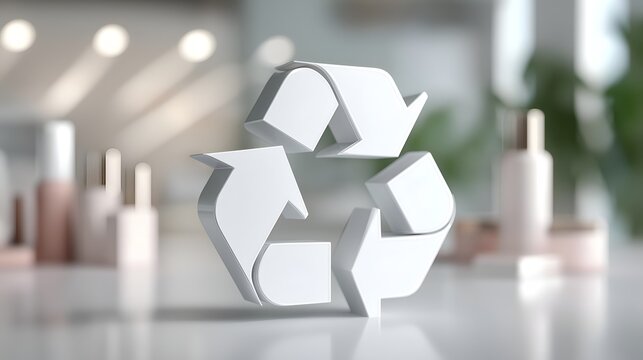 Stylish white recycling symbol against blurred background, signifying sustainability in modern design.