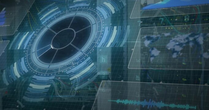 Animation of data processing on screens over computer wires