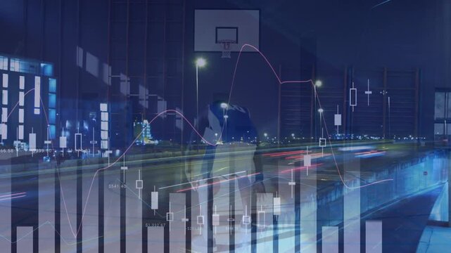 Animation of financial data processing over african american basketball player