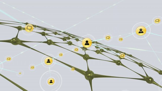 Animation of network of connections with icons over gold net