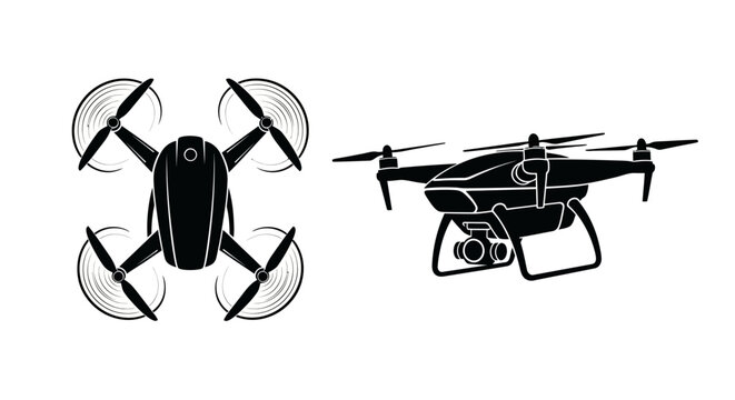 Drone Icon Set: Top View and Side View of Quadcopter with Camera