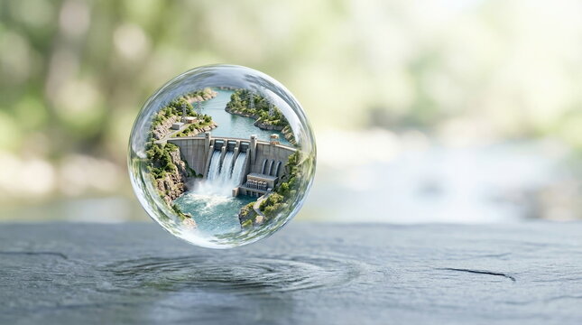 A delicate glass sphere containing a miniature hydroelectric dam and lush landscape floats above water ripples, symbolizing renewable energy and environmental preservation.