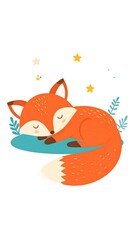 Fototapeta premium Cartoon illustration of a sleeping fox with stars and plants