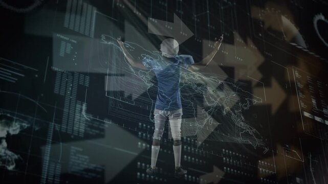 Animation of network of connections over dna strand and data processing on black football player