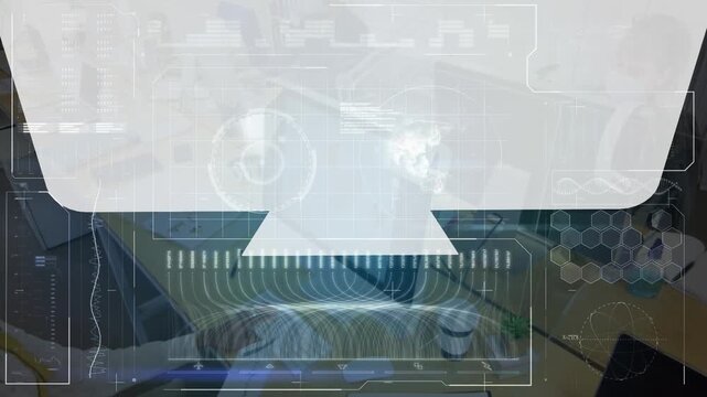 Animation of digital screen with white shape over diverse buisnesspeople in face masks