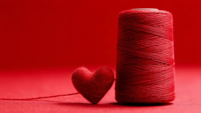 Red yarn spool and heart-shaped thread on minimalist red background