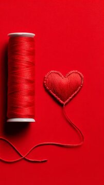 Red thread spool with embroidered heart on vibrant red background