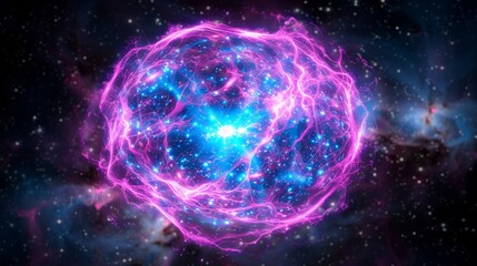Obraz premium A purple and blue glowing orb in space. The image is of a galaxy with a purple and blue glowing orb in the center
