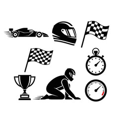Obraz premium Racing Icons: Formula Car, Helmet, Flags, Trophy, Stopwatch, Racer Silhouette