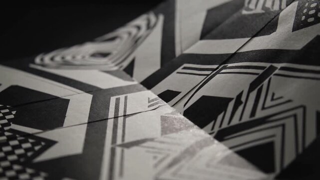 Geometric paper reacting to focus pull and studio light, folding into triangular flap for design