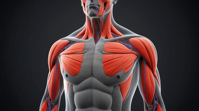 Detailed anatomical illustration of upper human body, red muscles highlighted against gray bones, showcasing pectoralis, deltoid, biceps, sternocleidomastoid, and abdominal structures for study.