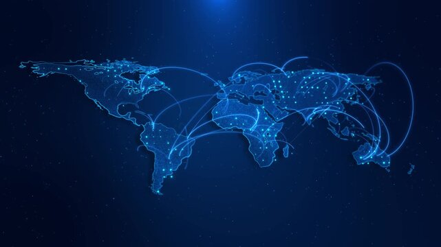 Global Network Connections World Map Digital world map glowing connection lines international data exchange. global business visuals, telecom presentations, technology backgrounds network 3D 4K