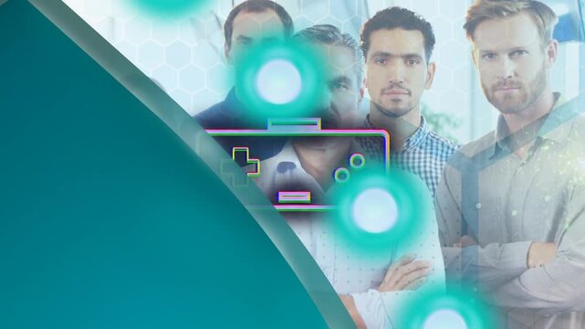 Composition of businessman using interactive screen with laptop cloud and digital icons