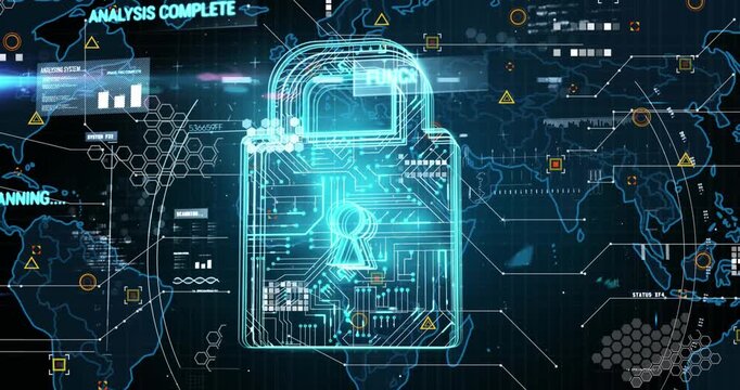 Animation of analysis text, data processing over security padlock