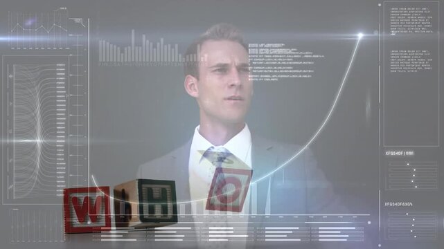 Animation of screen with database and blocks with who text over caucasian businesssman drawing graph