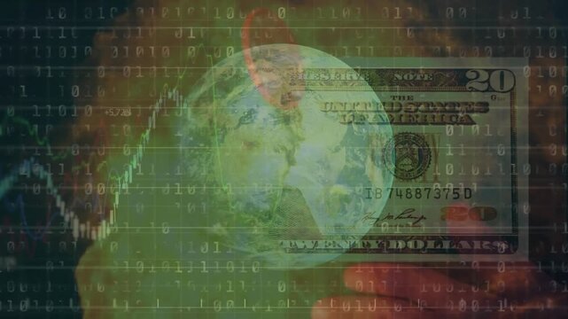 Animation of financial data processing with chip and globe over dollar bill and fire