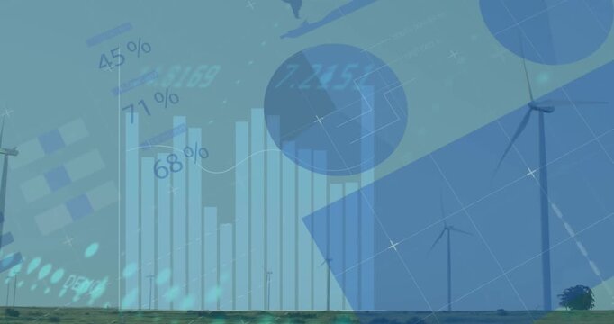 Animation of infographic interface over low angle view of windmills against clear sky