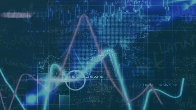 Animation of multiple graphs, block chains, map on mathematical solution against abstract background