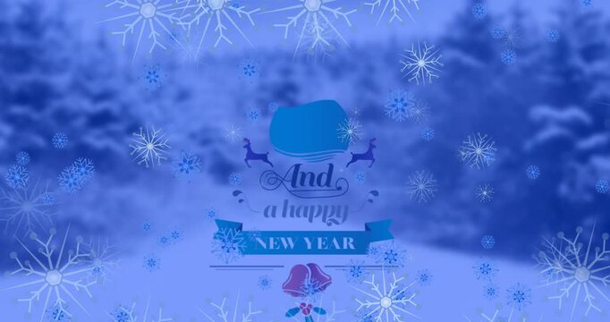 Animation of snowflakes over merry christmas and happy new year text banner against winter landscape