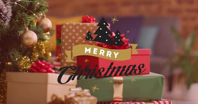 Animation of christmas greetings text over christmas presents and decorations