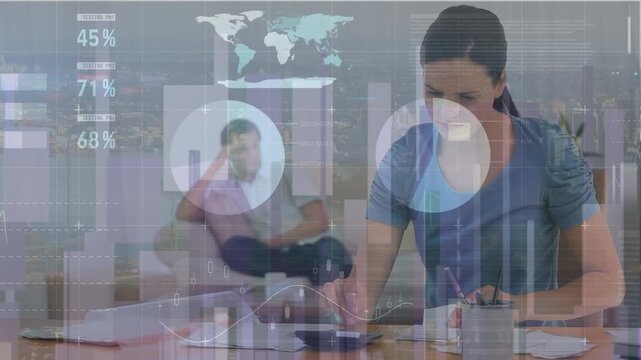 Animation of infographic interface over caucasian woman calculating pending bills over calculator