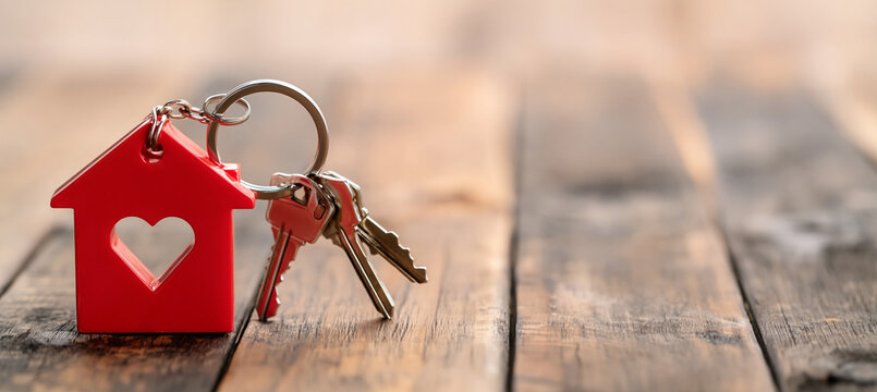 Red house-shaped keychain with heart cutout and set of keys on wooden surface symbolizing home ownership and love