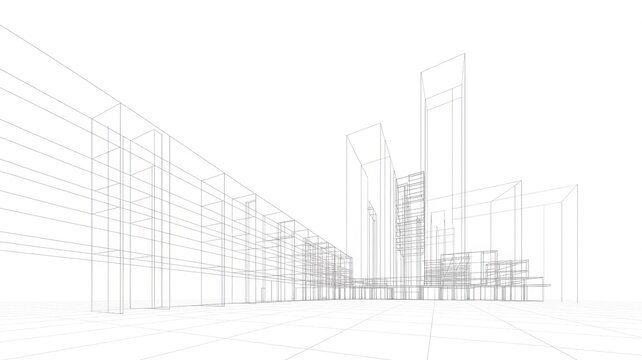 Wireframe cityscape with modern skyscrapers and urban architecture in a digital blueprint style, showcasing a futuristic city design with sleek lines and contemporary buildings.