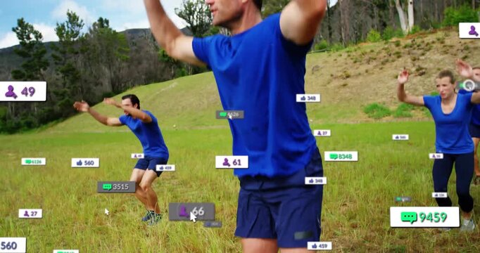 Animation of notification bars over diverse people doing burpees on green land