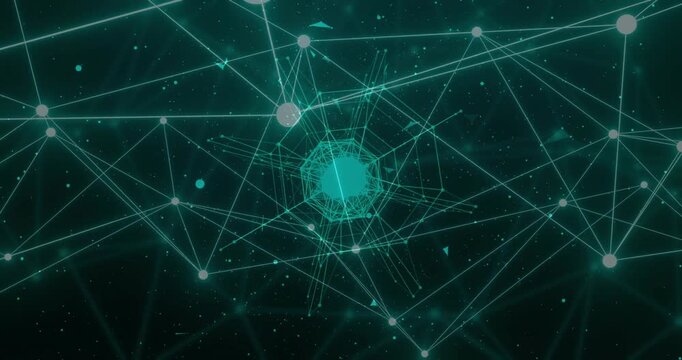 Animation of dots connected with lines over lines around rotating globe over abstract background