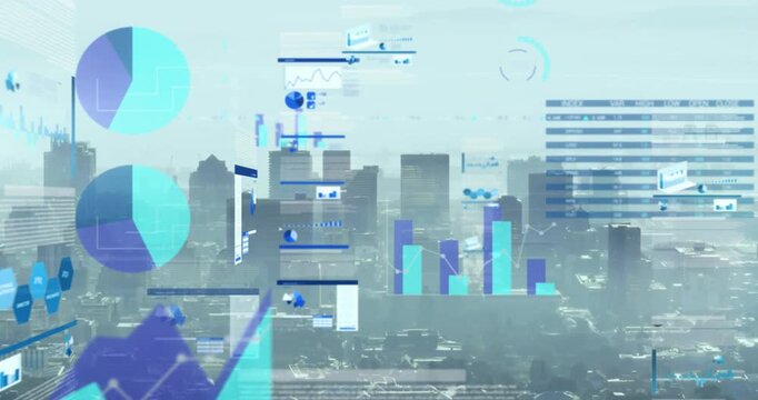 Animation of multiple graphs and trading board over aerial view of modern city against sky