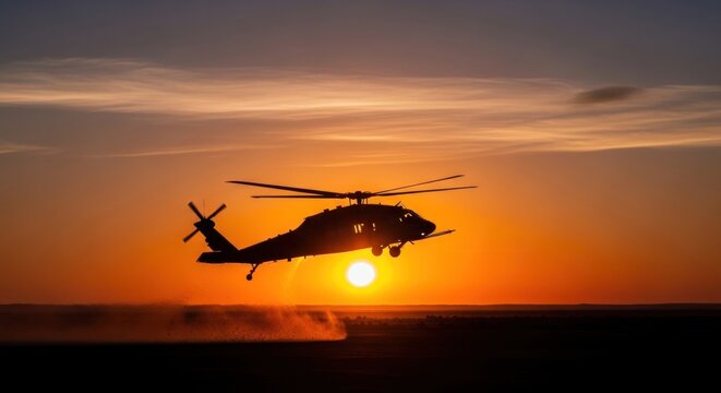 A helicopter is flying over a cityscape at sunset, with the sun setting behind the buildings and casting a warm glow over the scene.