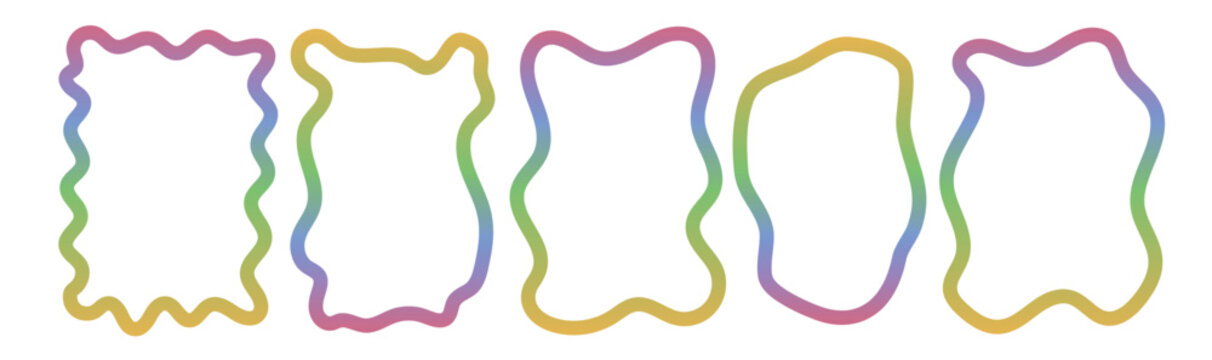Retro playful rainbow gradient frame set with scalloped and wavy hand-drawn borders. Frames with abstract lines and retro scalloped corners