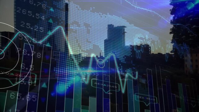 Animating urban skyline overlay blending flat design bar charts, line graphs, glowing light streaks