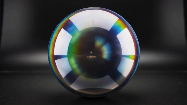 Shimmering bubble shifting colors with softbox lights varying on dark desk, four softbox glints