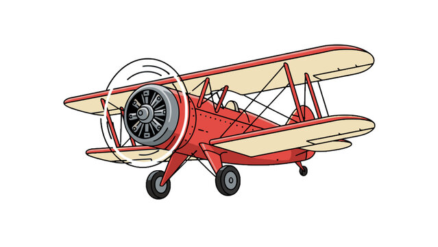 Vintage Red Biplane Illustration Flying on White Background