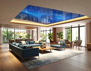 Fototapeta premium Spacious modern living room with starry ceiling